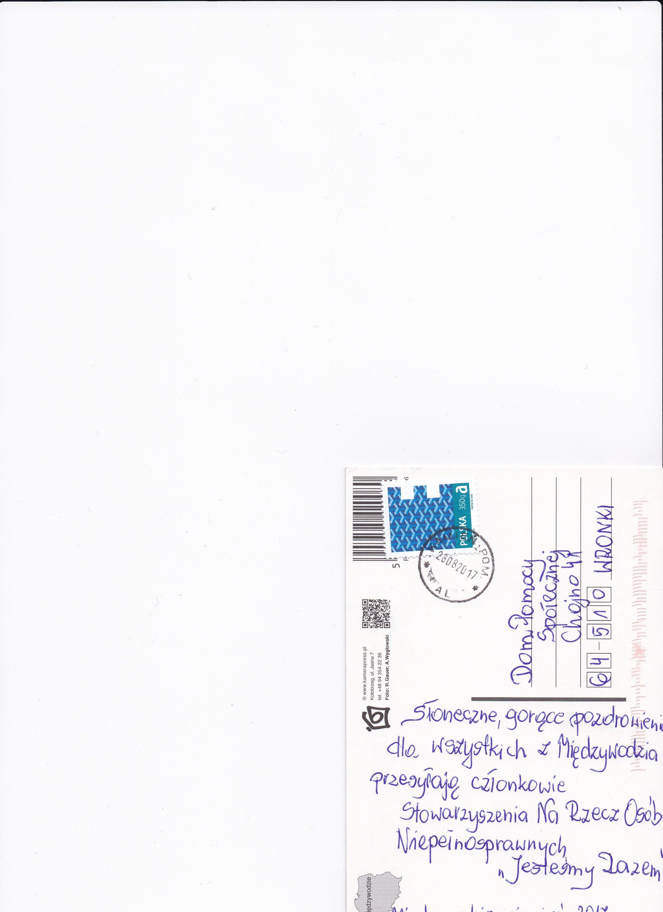 Skan kartki pocztowej z pozdrowieniami z wakacji.